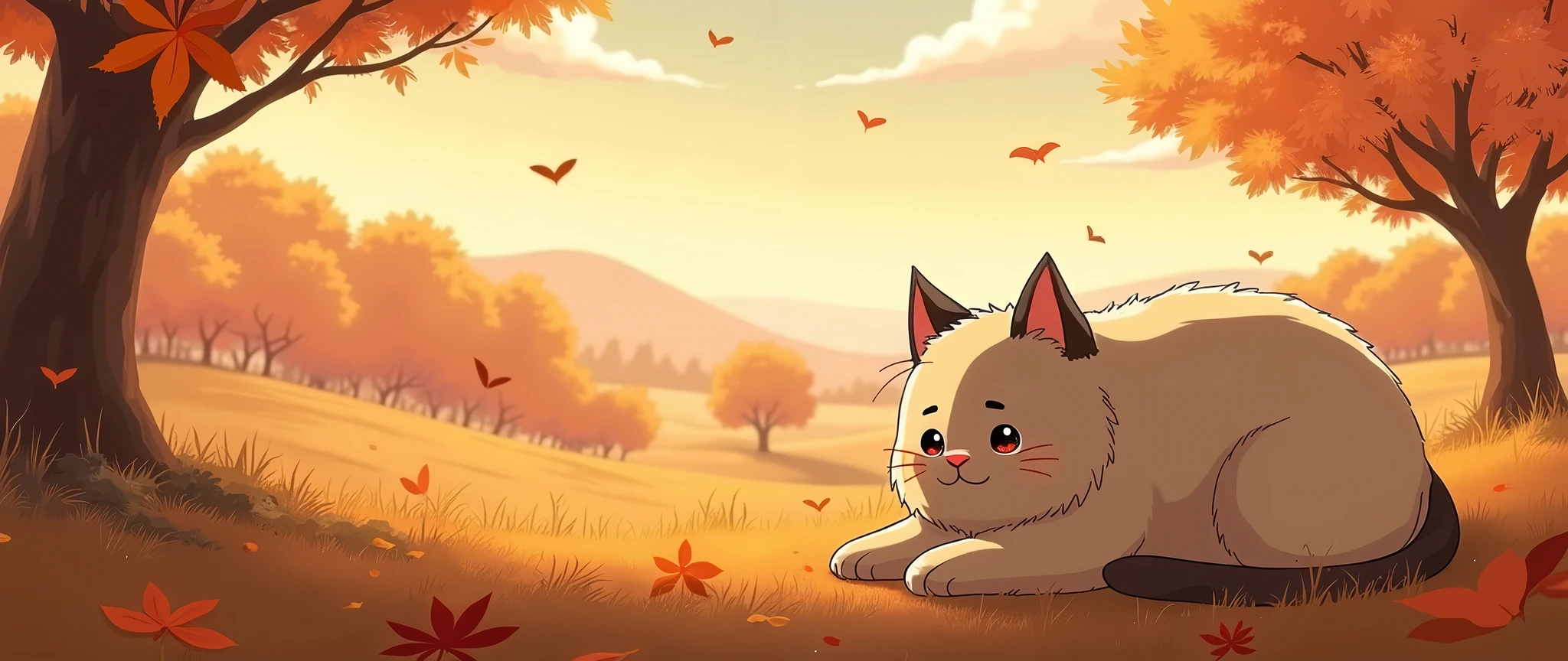 Cat, Cozy Anime ,Lofi ,Ultrawide ,Ghibli vibes , Wide view ,Fall ,landscape