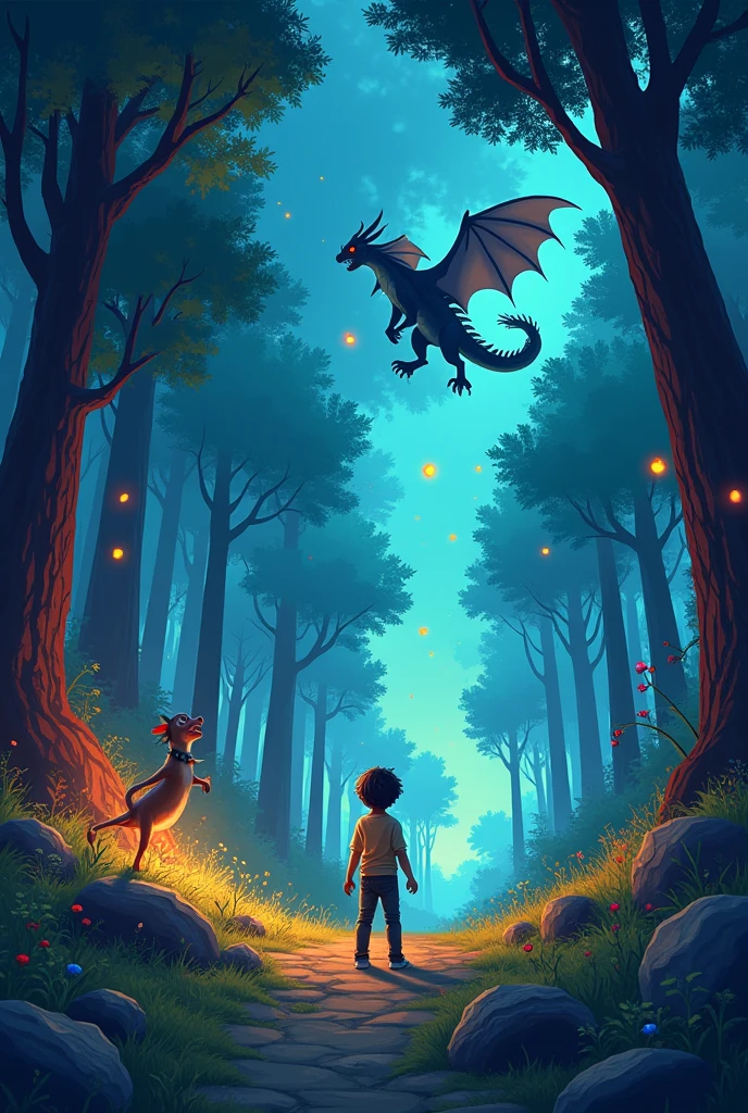 Title: "The Dream Adventure"
Panel 1: Scene: A boy named Max is sleeping peacefully in his bed at night. The room is dimly lit by moonlight coming through the window.
Text (Thought Bubble): “Zzz… I wonder where my dreams will take me tonight.”
Panel 2: Scene: Max finds himself in a magical forest with glowing lights floating around. The trees are tall and colorful.
Text (Max): “This place is incredible!”
Panel 3: Scene: Max sees a whimsical creature with a large hammer for a head, standing among the glowing trees. The creature waves excitedly.
Text (Creature): “Hi there! I’m Hammersmith. Welcome to the Enchanted Forest!”
Panel 4: Scene: A majestic dragon with shimmering scales lands gracefully in front of Max, spreading its wings.
Text (Dragon): “Hello, young traveler! I’m Drakon. Follow me!”
Panel 5: Scene: Max is riding on Drakon’s back as the dragon soars above the forest, showing an expansive view of the magical landscape.
Text (Max): “This is amazing! Thank you for the ride!”
Panel 6: Scene: Max wakes up in his bed with a smile, stretching and looking happy.
Text (Max): “What a fantastic dream!”