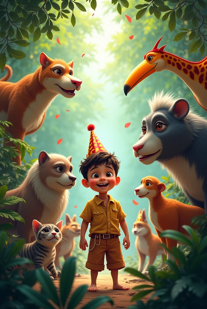 i want a lot of animals then there's a boy in the center celebrating his birthday in the jungle