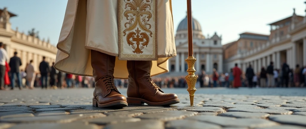 The camera is on the ground and the focal point of the image is the close on the boots of a back view of Pope's wearing a rustic laceless, brown, high-top leather boots, typical of field workers. The Pope wears a white tunic decorated with papal insignia, a cloak and a long golden papal scepter with a cross on the top next to him . The background is a panoramic view St. Peter's Basilicain the Vatican, crowded with tourists. The scene captures the moment of religious significance and the historical and artistic richness of St. Peter's Square. Ultrarealistic Ultrarealistic photo, 16k, ultra high resolution, photorealistic, Ultra HD.