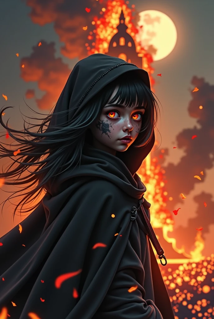 1 girl, black skin, black cloak with hood, dynamic lighting, dynamic angle, ((tower)), (burning tower), night, moon, fire everywhere, fire background, red eyes, soot on the face, dome of fire, tower on fire