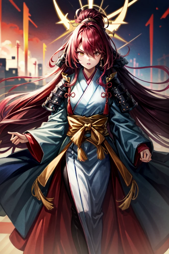 earing armor One adult female, wearing light armor, wearing black kimono, Long Hair, pink hair, golden Eyes, Light makeup, intense anger, tite waist, full body, big hair, hair over eye, anime, cinematic lighting, cowboy shot, UHD, retina, masterpiece, accurate, anatomically correct, textured skin, super detail, high details, high quality, award winning, best quality, highres, 8k