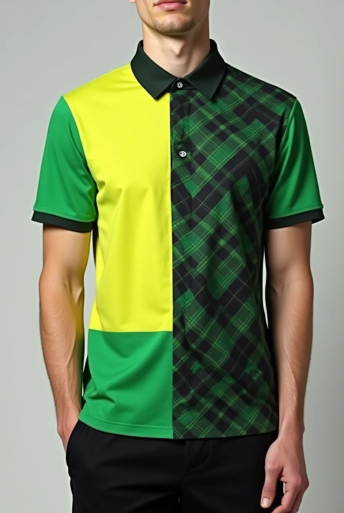 Normal shirt not being a polo shirt, green and yellow half and half and another half and half green and black, facing the front