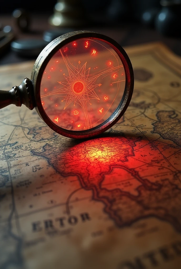 The magnifying glass is placed over an old map, revealing hidden symbols that glow red. Two different images