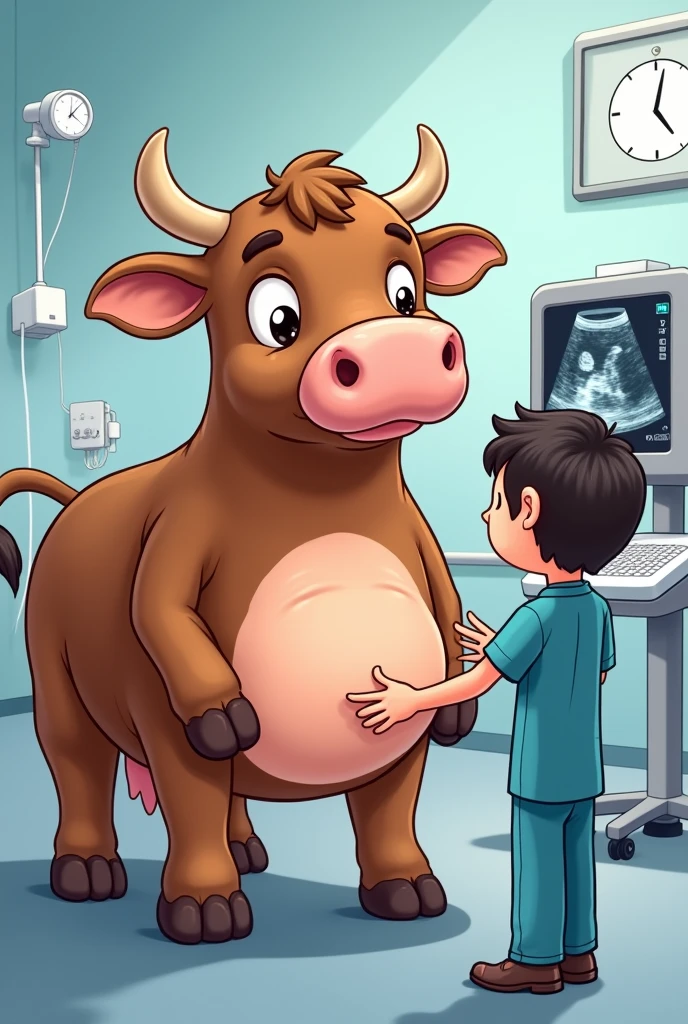 Ultrasound examination of stomach in a full brown Jersey cow cartoon