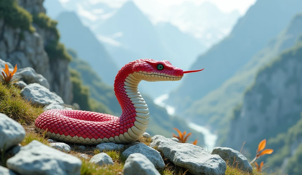 There are white jade ore on the mountain,There is also a pit viper with a spike on its nose,Its body is red and white(best quality,4K,8k,High level,masterpiece:1.2),Ultra Detailed,(lifelike,Photo real,Photo real:1.37)