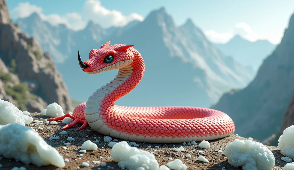 There are white jade ore on the mountain,There is also a pit viper with a spike on its nose,Its body is red and white(best quality,4K,8k,High level,masterpiece:1.2),Ultra Detailed,(lifelike,Photo real,Photo real:1.37)