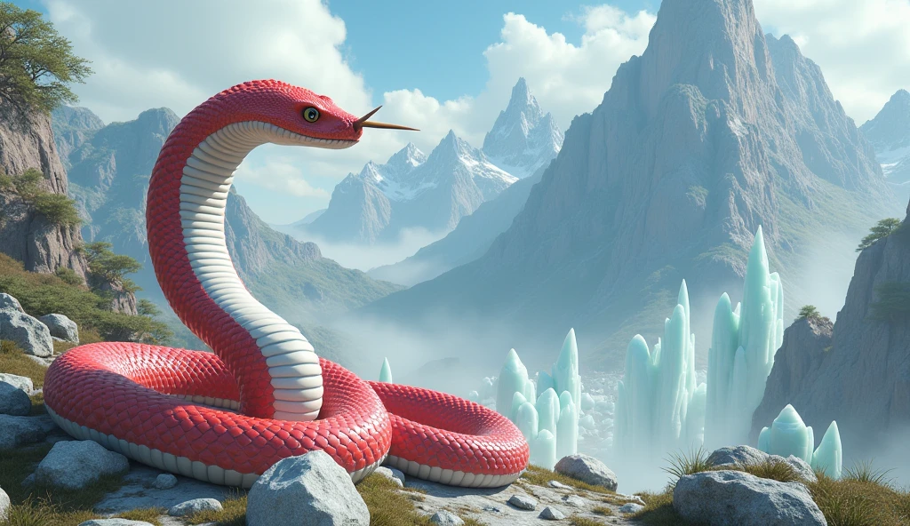 There are white jade ore on the mountain,There is also a pit viper with a spike on its nose,Its body is red and white(best quality,4K,8k,High level,masterpiece:1.2),Ultra Detailed,(lifelike,Photo real,Photo real:1.37)