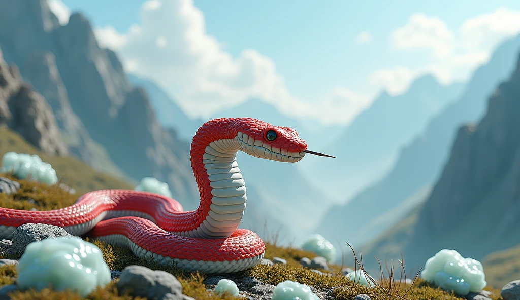 There are white jade ore on the mountain，There is also a pit viper with a spike on its nose，Its body is red and white（best quality，4K，8k，High level，masterpiece：1.2），Ultra Detailed，（lifelike，Photo real，Photo real：1.37）