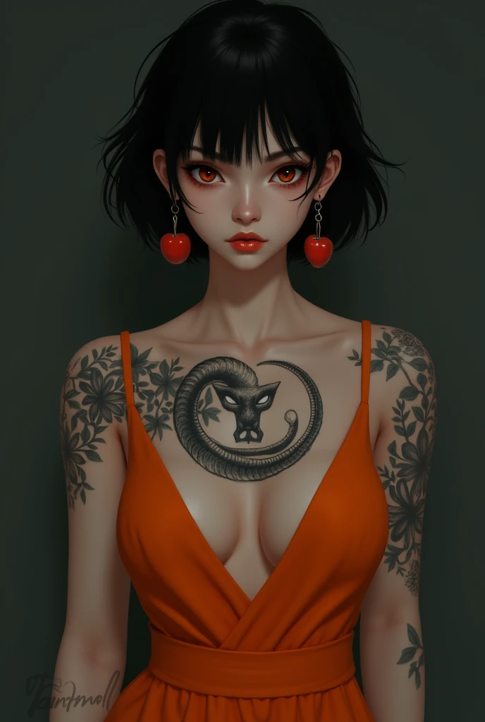 A woman with an Ouroboros tattoo on her left breast。He has very short black hair and wears an orange jumpsuit..。The eye color is black。She has apple shaped earrings in her ears. She has red eyes