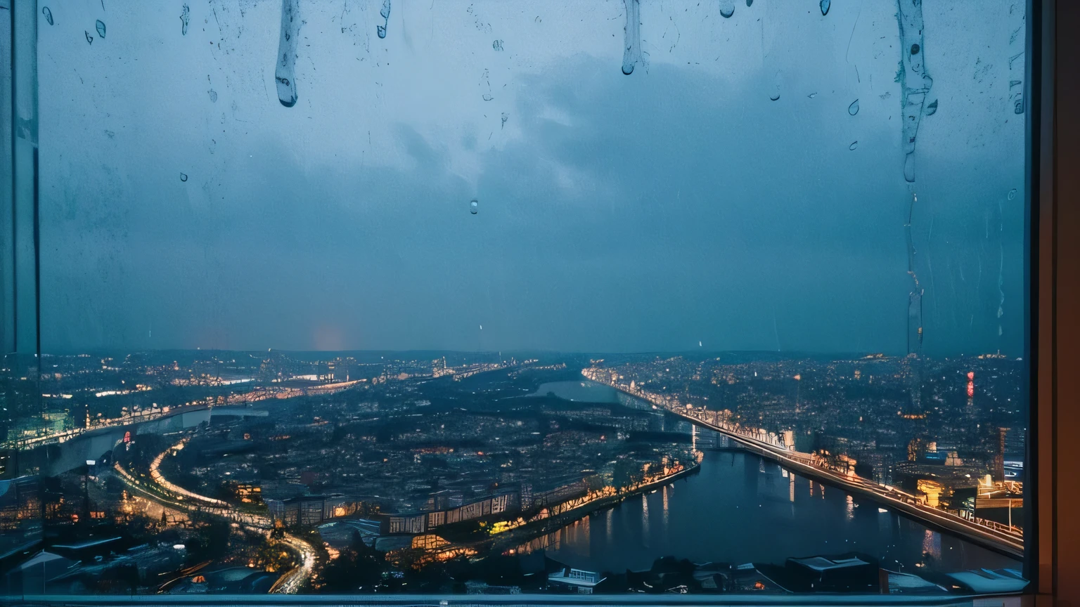 Rainy scenery seen from the window Night view Above