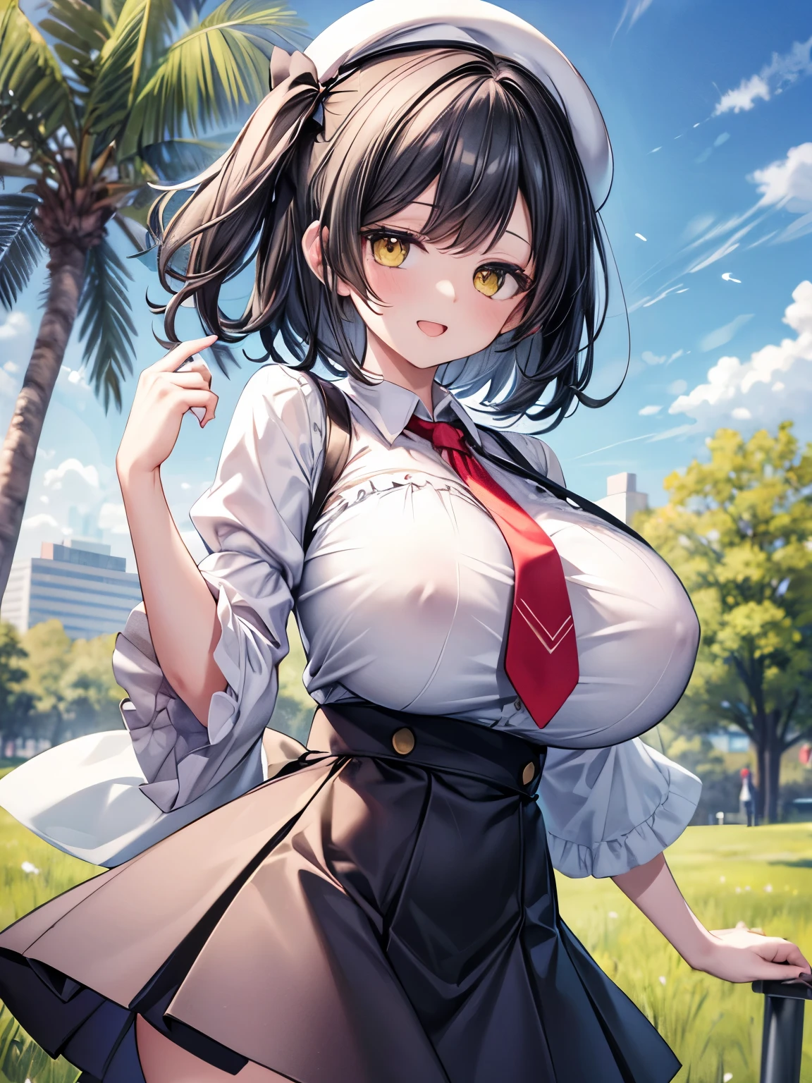 (Highest quality,Ultra-high resolution,Super detailed),(gigantic breasts:1.4),Detailed beautiful eyes,Black Hair,Short Hair,(Two Side Up),(Yellow big eyes),jitome,A very happy smile,Open your mouth wide,View Viewer,BREAK,(White button-down blouse,Juliet Sleeve,Red Ribbon Tie,High Waist Skirt,beret),garden,Grass Square,street tree,blue sky,Pull up your skirt