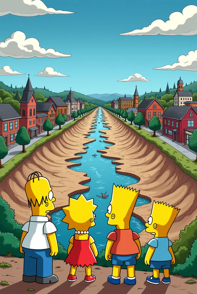 a simpsons style image of the town of Springfield and the simpsons in it looking out over a river that has dried up