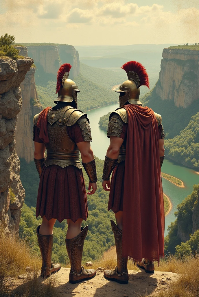 (photorealism:1.2), two Roman warriors in traditional armor, standing side by side with their backs to the viewer. They gaze out over a dramatic cliff edge. Below them, a winding river snakes through a lush valley. To achieve an old book style, think of using sepia tones or muted colors with a textured, hand-drawn quality. You could use hatching or cross-hatching techniques to give the image depth and detail, much like illustrations from historical manuscripts or classic books.