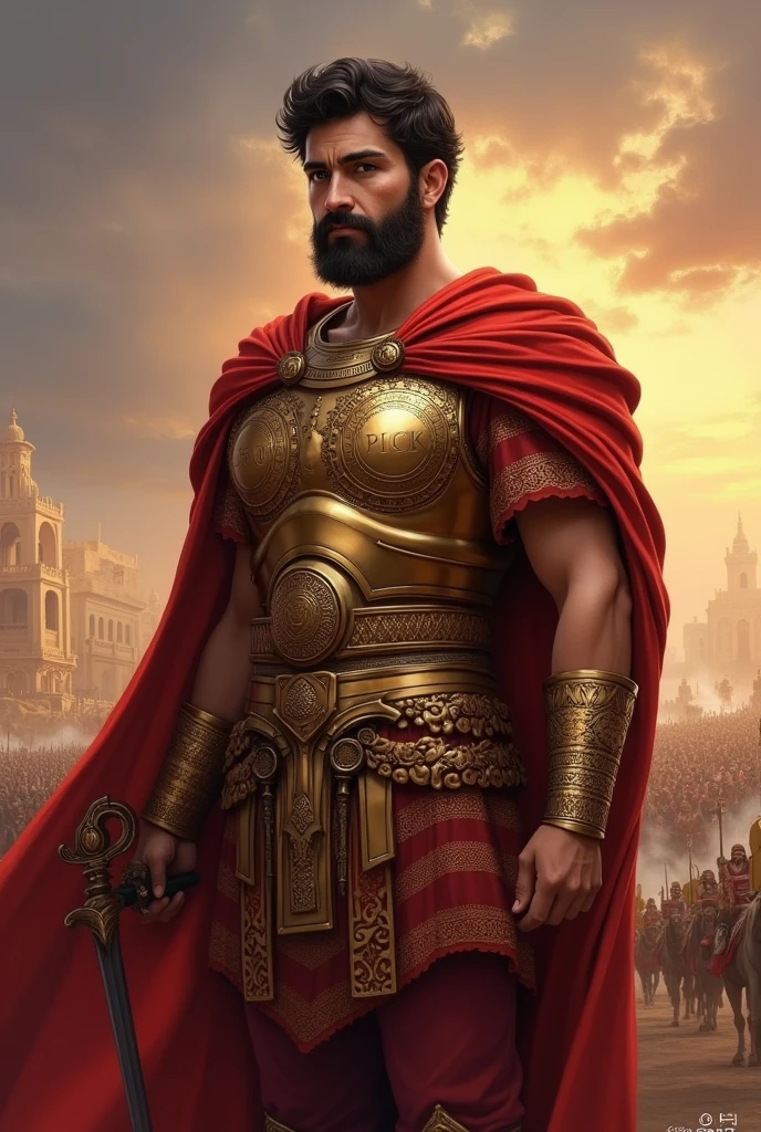 Cyrus the Great in battle attire while holding the Charter of Human Rights