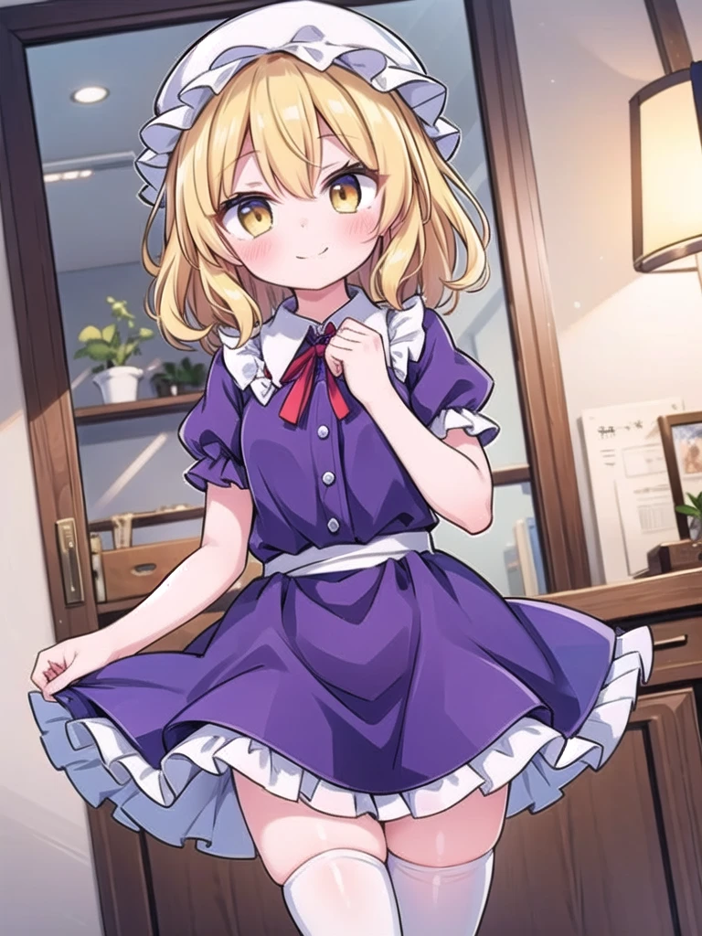 1girl, masterpiece, best quality, perfect hands, smile, blush, closed mouth, yellow eyes, maribel hearn, purple dress, puffy short sleeves, white hat, white ribbon, middle hair, blonde hair, red neck ribbon, curly hair, white thighhighs, zettai ryouiki, frills, collared shirt, miniskirt