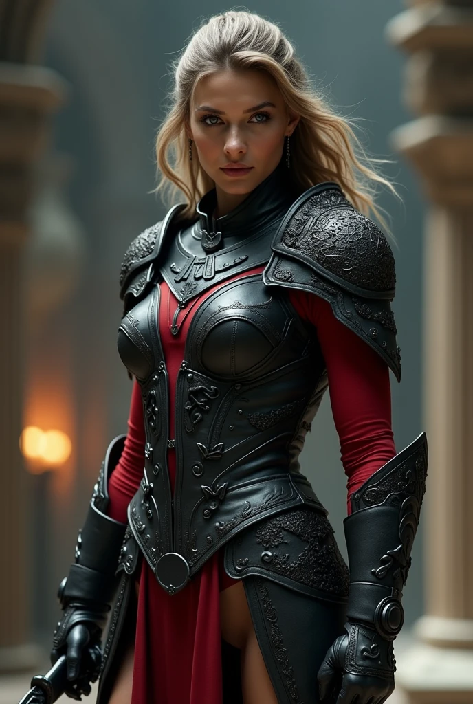 beautiful warrior woman wearing black leather body armor with insanely detailed and intricate with hypermaximalist embossed pattern, red inner clothing, tight inner clothing, battle-ready pose, super detailed, cinematic light, fantasy, 3/4 photo shot, from above head to knee viewframe