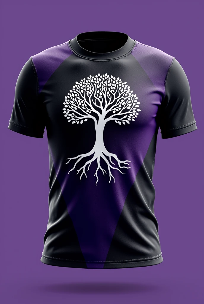 Purple team uniform, black and white with tree symbol 