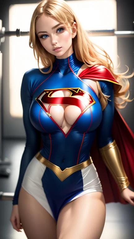 (Best quality, masterpiece, absurd)),1girl:1.3, solo:1.3,Beautiful woman,blue expressive eyes, beautiful woman,long blonde hair, 21 years, solo, 1girl,hourglass body,huge breasts, defined body, wearing superman cosplay((Supergirl cosplay bodysuit, skirt (waist up to half of thigh)supergirl, supergir short red cape)), bright colors