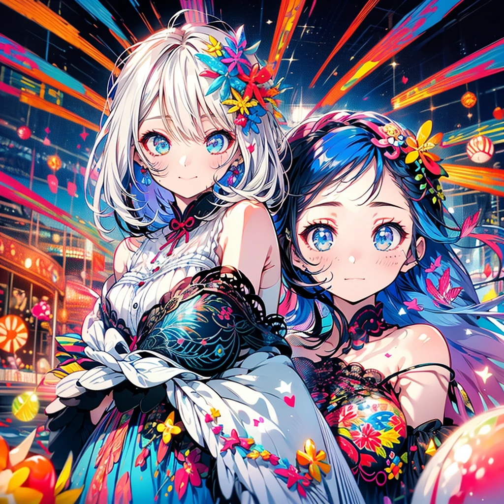 Masterpiece、Colorful Hair、Delicate eyes、smile、Tied up hair、Beautiful hair ornament、Upper Body、(((Embarrassed face)))、night、Ocean、firework