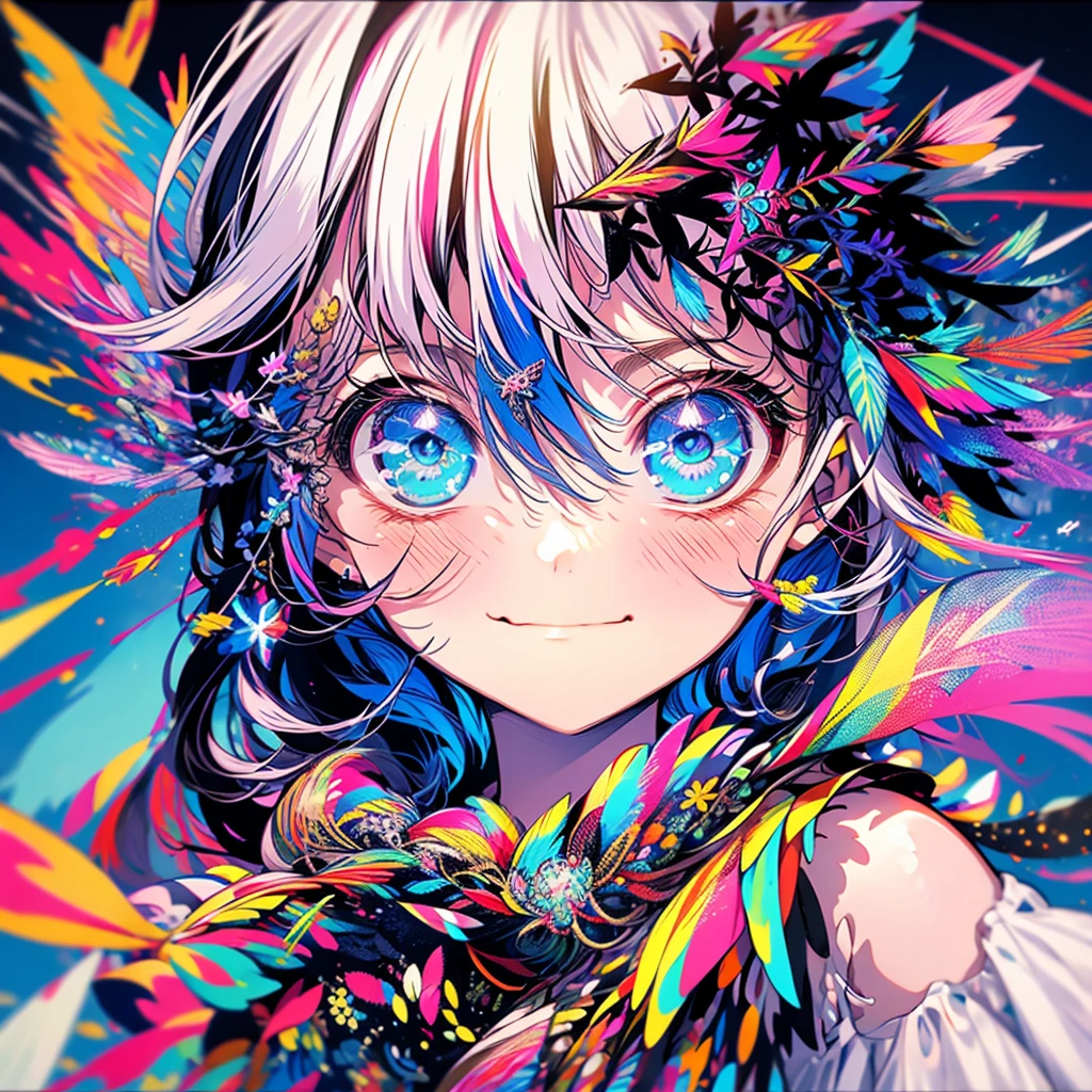 Masterpiece、Colorful Hair、Delicate eyes、smile、Tied up hair、Beautiful hair ornament、Upper Body、(((Embarrassed face)))、night、Ocean、firework