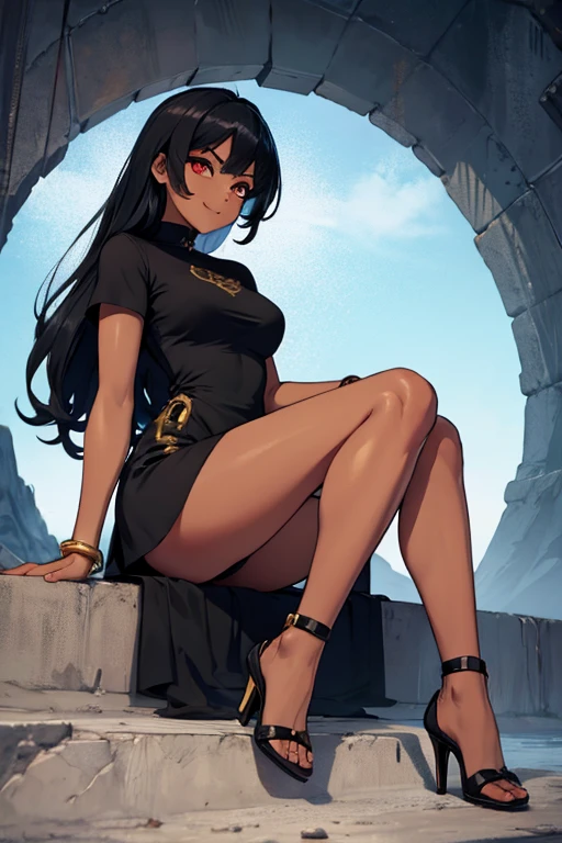 female, black long hair, red eyes, dark skin, (((1girl))), (((black and gold short sleeve minidress))), (gold bracelets), (gold heels), cute and sexy, full body, large breasts, long legs, smiling