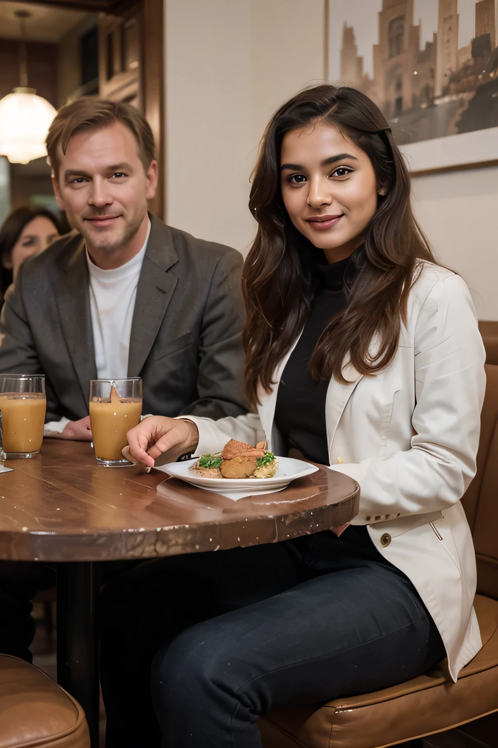 ((best quality)), ((masterpiece)), (detailed), a 2 beautiful Indian girl with long hair smiling face beautiful eyes wearing a brown leather jacket and jeans pant sitting beside chair of a British white man wearing suit coat pant dress in a restaurant with a British foreign white person together in a restaurant dinner