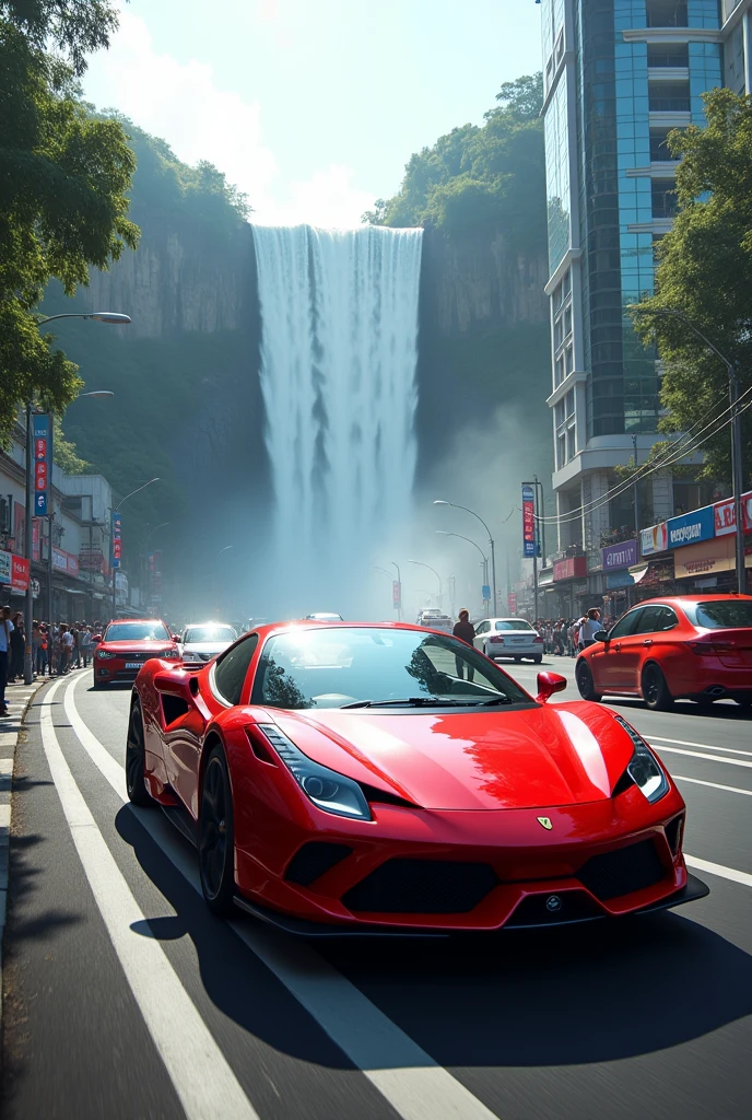 Red car on the road in Mumbai City near waterfall 