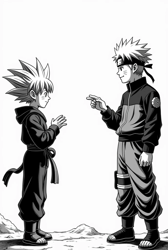 Naruto explains the situation to Goku as a child in black and white manga style in black and white comics