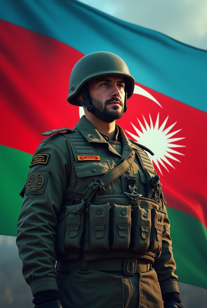 Azerbaijani flag and soldier