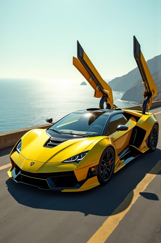 A robotic Lamborghini car in yellow colour standing in the road beside the Ocean with his wing