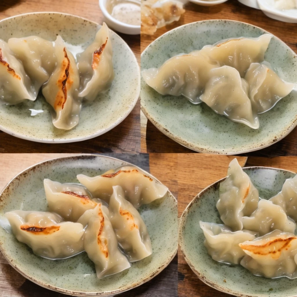 ((One side is brown and discoloured)).((Baked dumplings)),((crescent shaped gyoza:1.5))、((You can see the minced meat through the skin...))、These dumplings are made from wheat flour dough rolled out thinly and shaped into semicircular shapes....、Please put a lot of dumplings on a small plate.、There is fried rice next to it..、People who eat them々、

