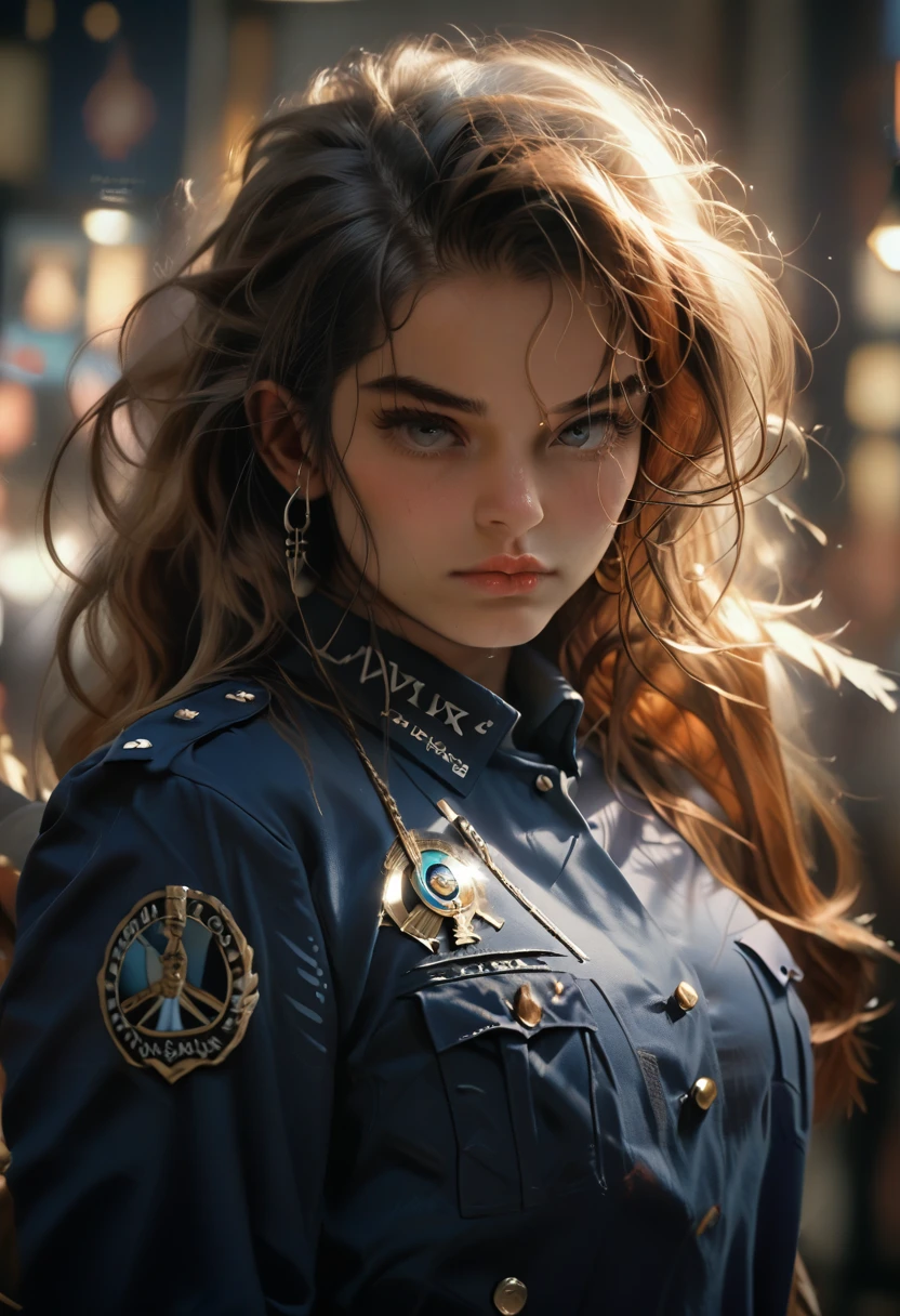 (Front Focus), (In the Dark: 1.6), Surrealistic Female Portraits by David Hockney and Alphonse Mucha, Perfect Beauty 1:1 Fantasy Art, Photo Realism, Dynamic Lighting, ArtStation, Poster, Volumetric Lighting, Very Detailed Faces, 4 K, Award-Awarded, 1girl, In the Dark, Deep Shadow, Low Key, Cowboy Shot, (Official Uniform: 1.4), Long Hair,