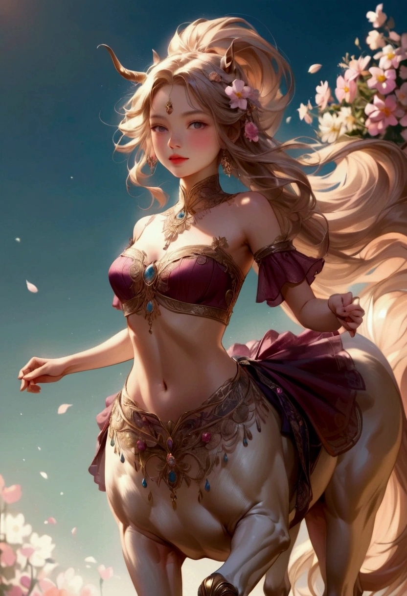 a young centaur girl with flowing mane and tail, delicate features, intricate detailed, face, longeyelash, lips, adorned in croptop, surrounded by flowers, radiating elegance and cuteness, galloping happily