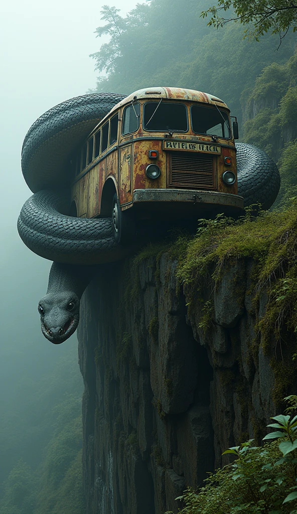 Giant python caterpillars surround bus on high cliff。The snake is bigger than the cliff。