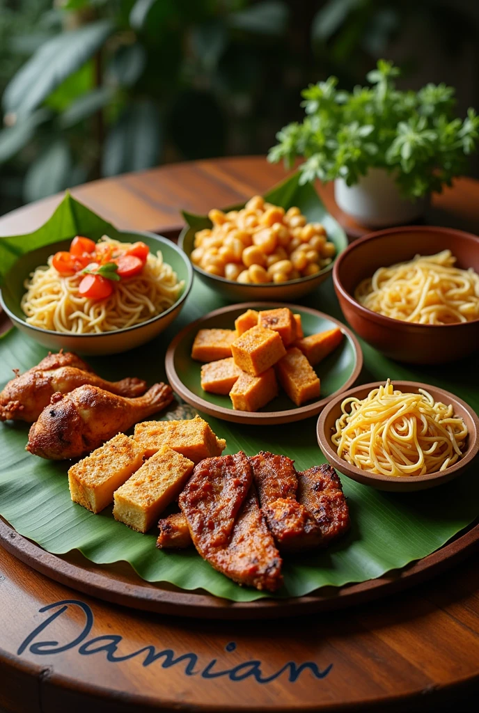 Create a realistic image of a traditional Indonesian meal displayed on a table. The meal includes grilled chicken (ayam bakar), chicken satay (sate ayam), special fried noodles (mie goreng spesial), fried tofu (tahu goreng), fried tempeh (tempe goreng), and grilled fish (ikan bakar). Each dish is served in a different container or plate, with all dishes accompanied by spicy sambal on the side. Everything is arranged on a banana leaf as a base, and the table has the name 'DAMIAN' engraved or written on it. The presentation should be appetizing, with each item clearly visible in its own distinct dish.