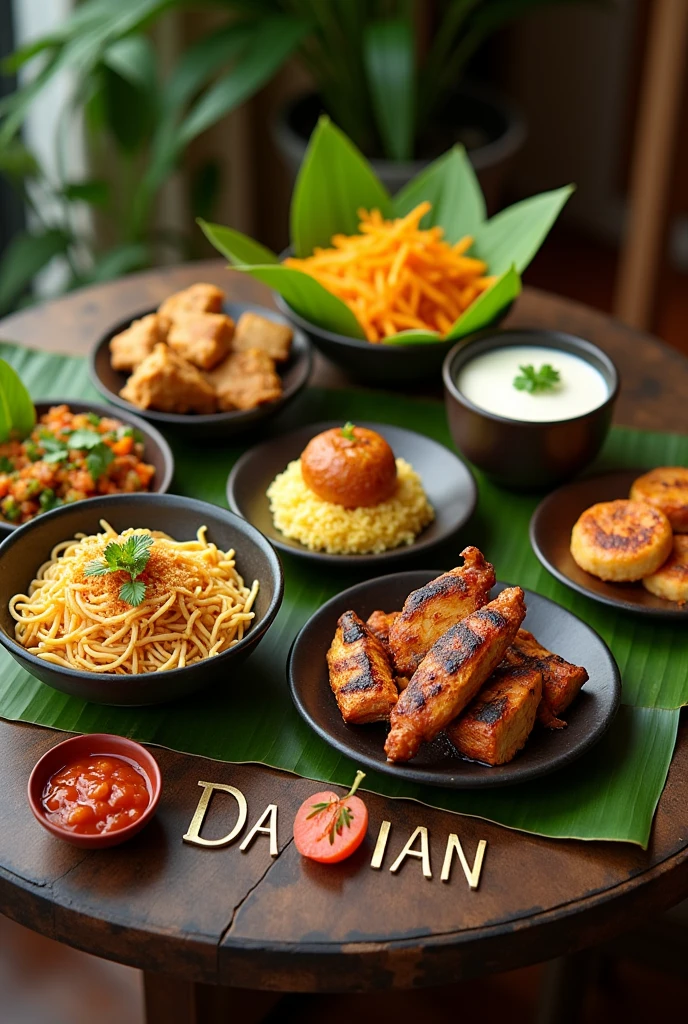 Create a realistic image of a traditional Indonesian meal displayed on a table. The meal includes grilled chicken (ayam bakar), chicken satay (sate ayam), special fried noodles (mie goreng spesial), fried tofu (tahu goreng), fried tempeh (tempe goreng), and grilled fish (ikan bakar). Each dish is served in a different container or plate, with all dishes accompanied by spicy sambal on the side. Everything is arranged on a banana leaf as a base, and the table has the name 'DAMIAN' engraved or written on it. The presentation should be appetizing, with each item clearly visible in its own distinct dish.
