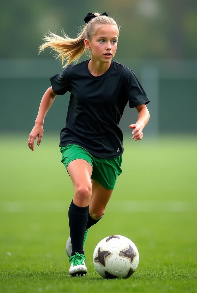 Photorealistic, Beautiful, white, female, young teen, long blonde hair tied into a loose ponytail with a black bow, sky blue eyes, wearing black soccer shirt tucked into green soccer shorts, wearing knee high black socks, wearing green and white soccer cleats, running on soccer field, kicking soccer ball