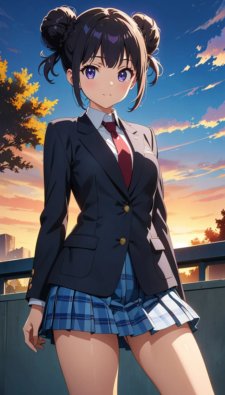 (highest quality:1.2, Anime artwork, Anime Style, Studio Anime, Very detailed, up to date, Vibrant, Anime Coloring, High Contrast, masterpiece:1.2, highest quality, Best aesthetics), blue plaid pleated skirt:1.5, Red tie:1.5, Black blazer, (Private School Uniforms), Beautiful thighs, Black knee-high socks, Gradient Hair, triple bun, Perfect body line, Skin with attention to detail, cute, Detailed face, (((Backwards:1.4, Random Pause))), at school, Accurate Fingers, evening, Illuminated by the setting sun, Soft lighting,