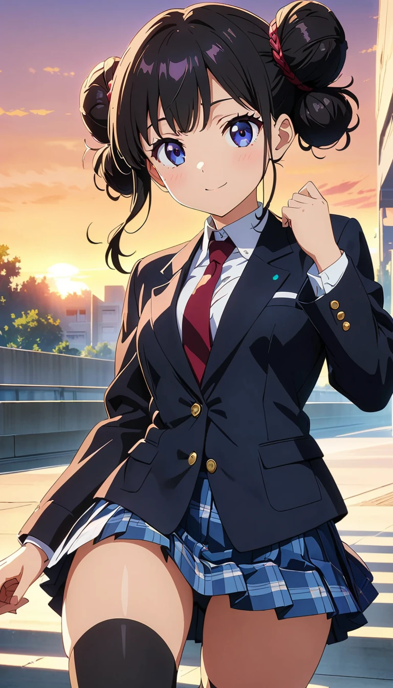 (highest quality:1.2, Anime artwork, Anime Style, Studio Anime, Very detailed, up to date, Vibrant, Anime Coloring, High Contrast, masterpiece:1.2, highest quality, Best aesthetics), blue plaid pleated skirt:1.5, Red tie:1.5, Black blazer, (Private School Uniforms), Beautiful thighs, Black knee-high socks, Gradient Hair, triple bun, Perfect body line, Skin with attention to detail, cute, Detailed face, (((Backwards:1.4, Random Pause))), at school, Accurate Fingers, evening, Illuminated by the setting sun, Soft lighting,