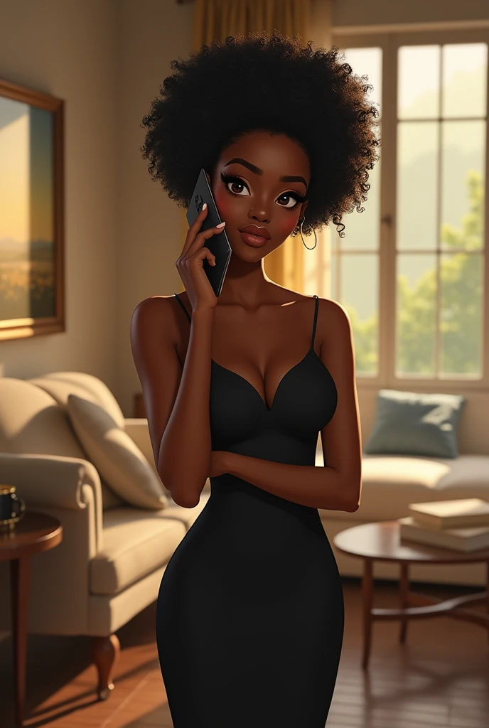 In a room we see a beautiful young black woman standing taking a call on a cell phone.