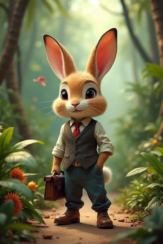 A cute male rabbit with wearing clothes holding a bag in jungle HD 