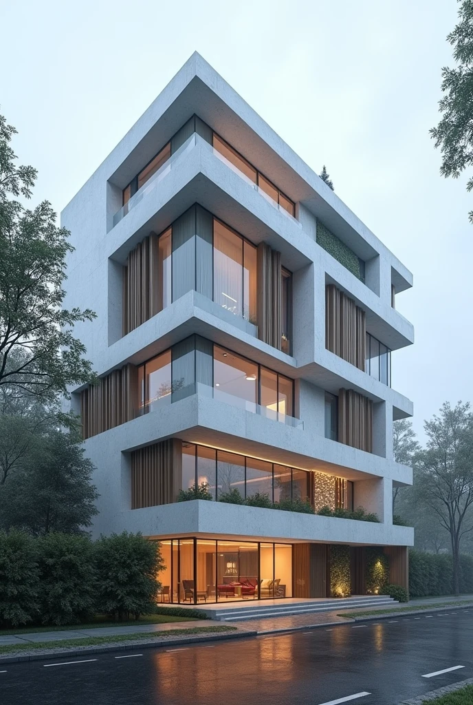 ((best quality)), ((masterpiece)), (detailed), perfect facade architecture , residential facade architecture , contemporary exterior view , high qulity rendering architecture , rainy day ,  , 6th floors , white stone material , in the city in tehran 