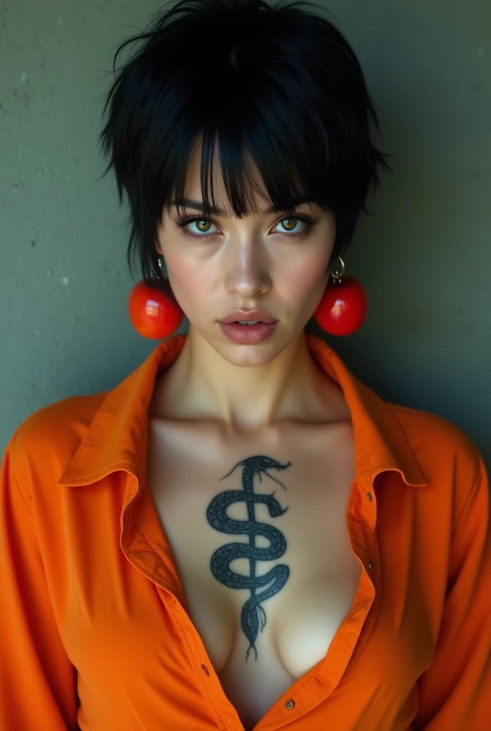 A woman with an Ouroboros tattoo on her left breast。He has very short black hair and wears an orange jumpsuit..。The eye color is black。She has apple shaped earrings in her ears.