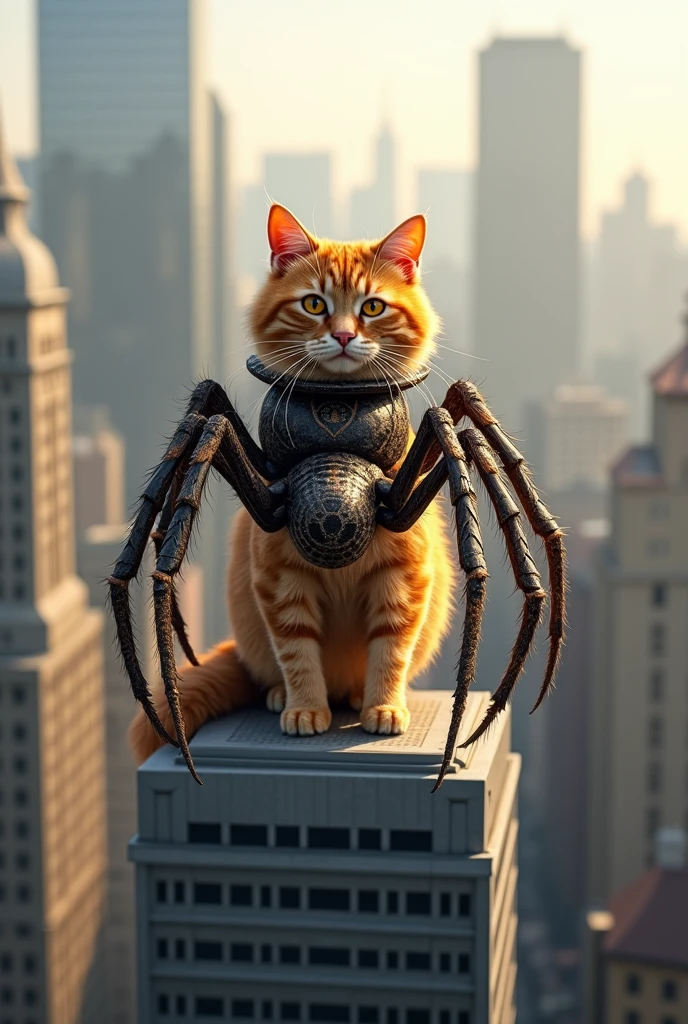 The ginger cat wearing spider costume standing in the building up.