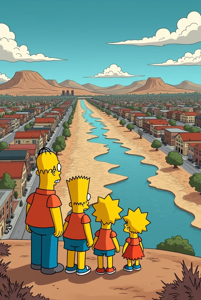 a simpsons style image of the town of Springfield and the simpsons in it looking out over a river that has dried up as it is too hot