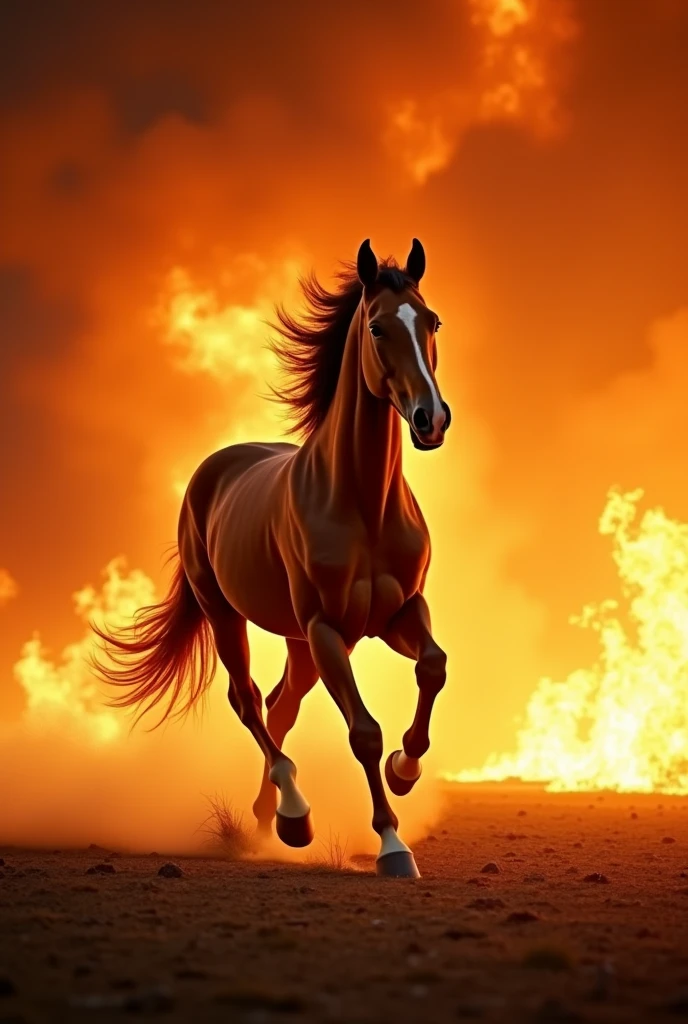 Create a movie poster design, fire explosion, warm color tone, A horse running from fire ,only one horse, realistic image