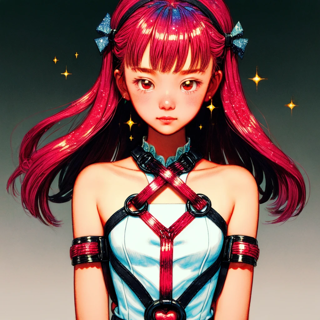 A Norman Rockwell style illustration of a very close, ultra close shot on the breasts of a pert, nubile, thin, pretty, girl with 50s style magenta hair, several bows in hair, pushed up breasts, upturned breasts, small breasts, puffy nipples , wearing bondage harnesses, with wide lace straps, iridescent sparkles on chest, white cuffs, white collar, hip straps, , sparkling glitter background