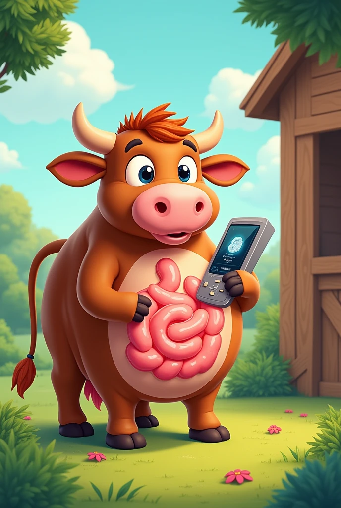 Ultrasound examination of intestine in a full brown Jersey cow cartoon put inside a trevis