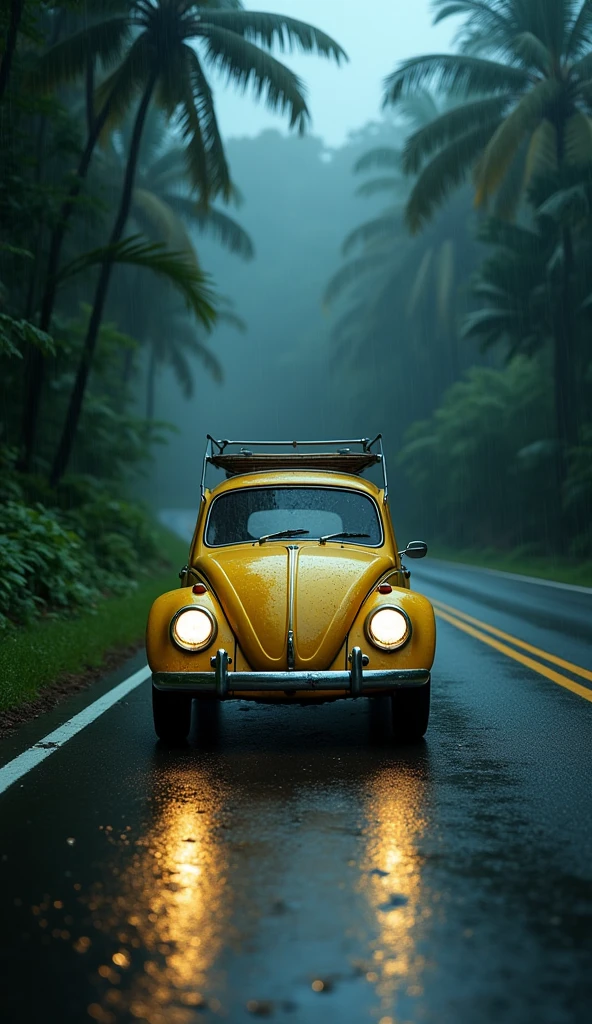 A classic Volkswagen Beetle car, with its iconic design and vintage appeal, takes center stage in this artwork. The car is painted in a vibrant yellow color, which contrasts beautifully with its rustic and weathered exterior. The faded color adds a sense of nostalgia and history to the scene. The setting is a highway road that winds its way through a dense tropical forest. The darkness of the night intensifies the mysterious and eerie atmosphere. The forest is filled with towering trees and lush foliage, creating a sense of isolation and obscurity. The deep shadows cast by the moonlight add an extra layer of intrigue to the surroundings. In this artwork, we aim to evoke a horror film mood, using cinematic techniques to enhance the visual impact. The rain pours down relentlessly, adding to the suspense and tension. The wet asphalt reflects the dim light, creating a haunting ambiance. The raindrops form streaks of motion as the car speeds along, adding a dynamic element to the composition. To ensure the best quality and attention to detail, please include the following tags at the beginning of the prompt: "(best quality, 4k, 8k, highres, masterpiece:1.2), ultra-detailed, (realistic, photorealistic, photo-realistic:1.37)". This will ensure that the final image is rendered with the utmost precision and realism. For the art style, we can incorporate a cinematic mode, which adds a distinct cinematic flair to the image. It enhances the colors, lighting, and overall composition, further immersing the viewers in the horror film mood. The color scheme should be predominantly dark and moody, with hints of yellow to accentuate the car. Lastly, please consider the lighting carefully. The scene should be illuminated by the moonlight, highlighting the car and casting dramatic shadows in the surrounding forest. The play of light and shadow enhances the atmosphere and adds depth to the composition. Overall, the prompt aims to create a captivating and atmospheric artwork featuring a